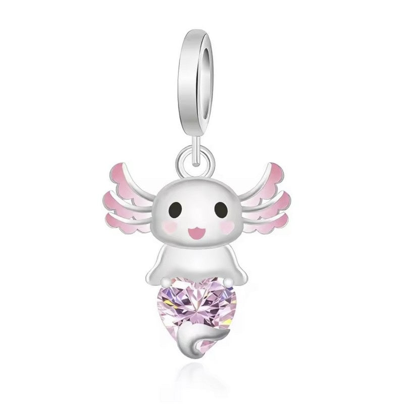S925 Sterling Silver Sweet Axolotl Fish Pink Heart Charm Pendant - AVILIA Designs