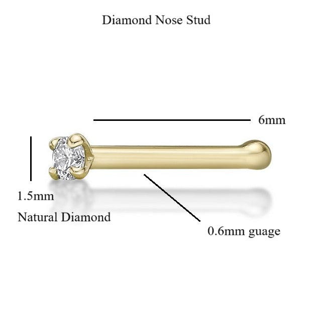 Solid 9ct Yellow Gold 1.5mm Natural Diamond Nose Stud Bone End - AVILIA Designs