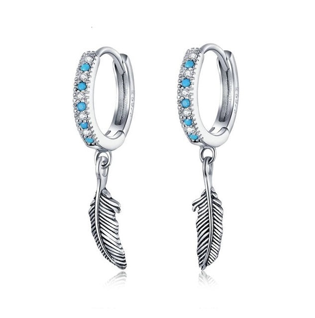 SOLID Sterling Silver Hoop Bohemian Feather Turquoise Earrings - AVILIA Designs