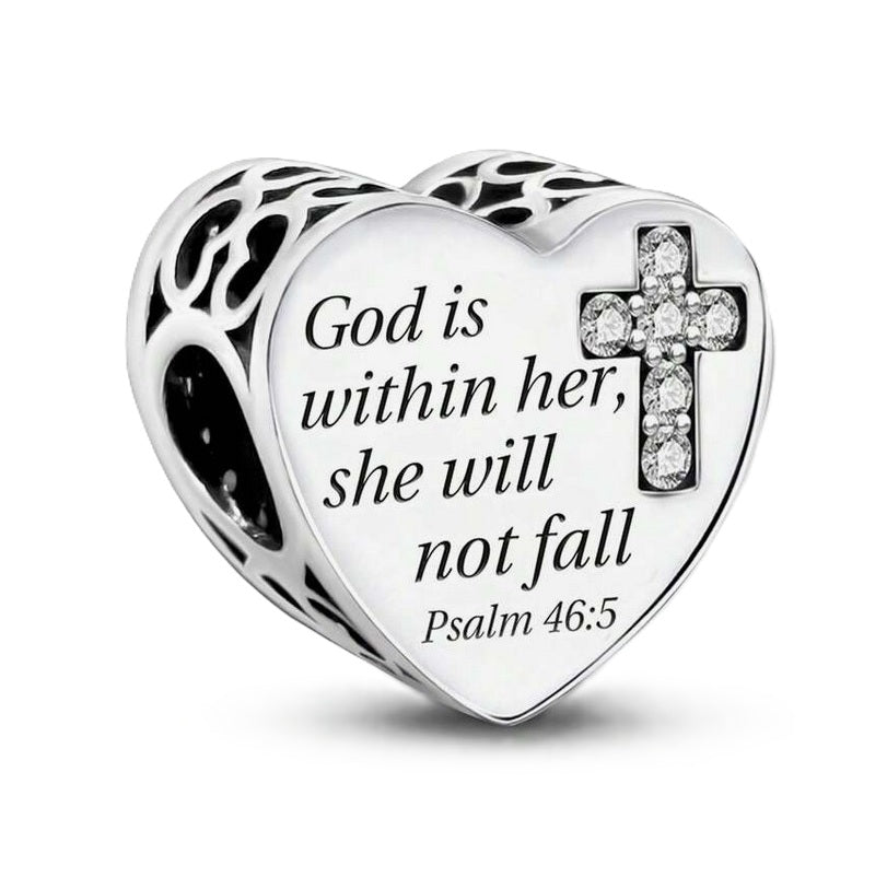 S925 Sterling Silver God is Within Her Psalms Heart Religious God Jesus Charm - AVILIA DESIGNS