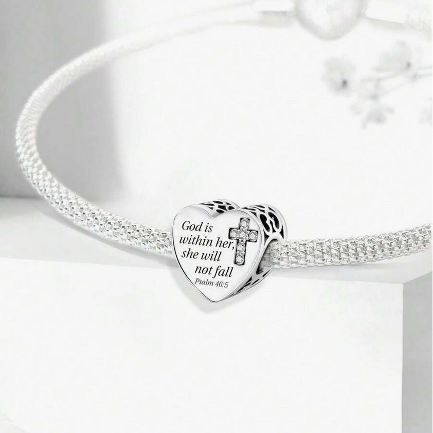 S925 Sterling Silver God is Within Her Psalms Heart Religious God Jesus Charm - AVILIA DESIGNS