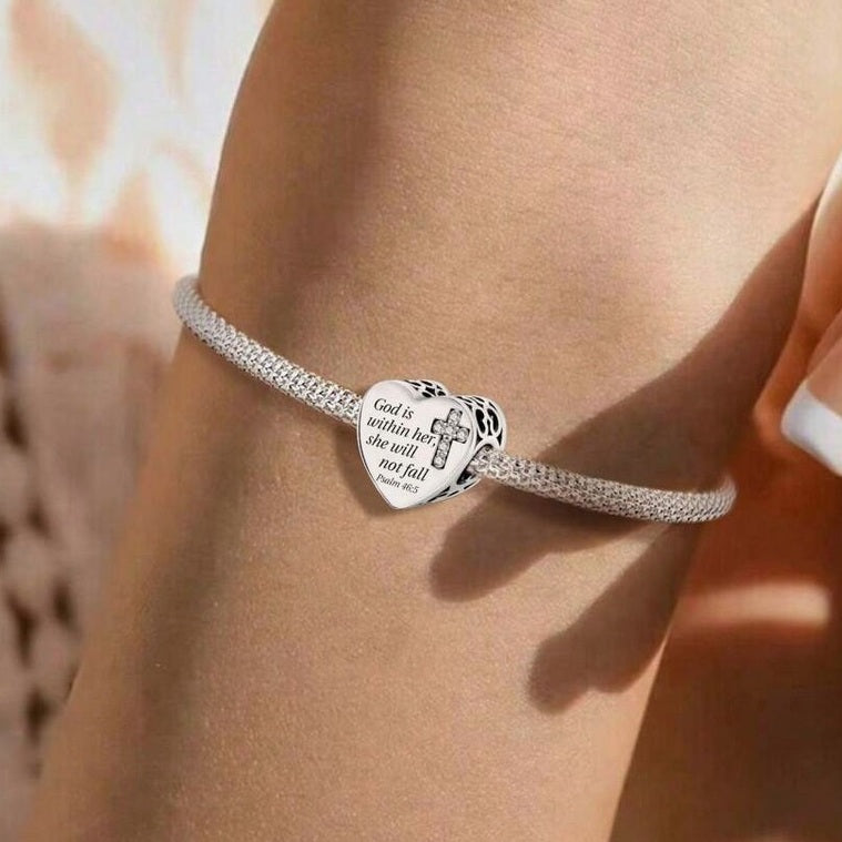 S925 Sterling Silver God is Within Her Psalms Heart Religious God Jesus Charm - AVILIA DESIGNS