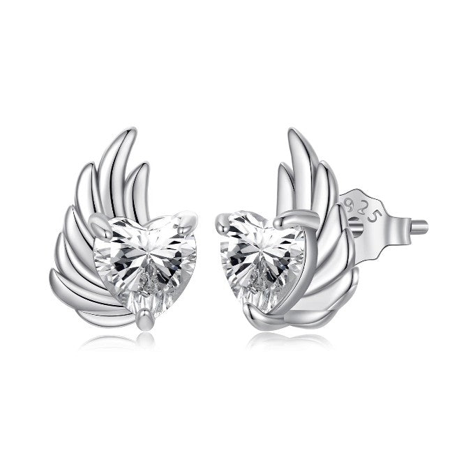 SOLID Sterling Silver Sparkly Angel Wing Heart Stud Earrings