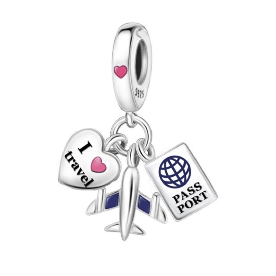 SOLID Sterling Silver I Love Travel Plane Passport Charm Pendant - AVILIA Designs