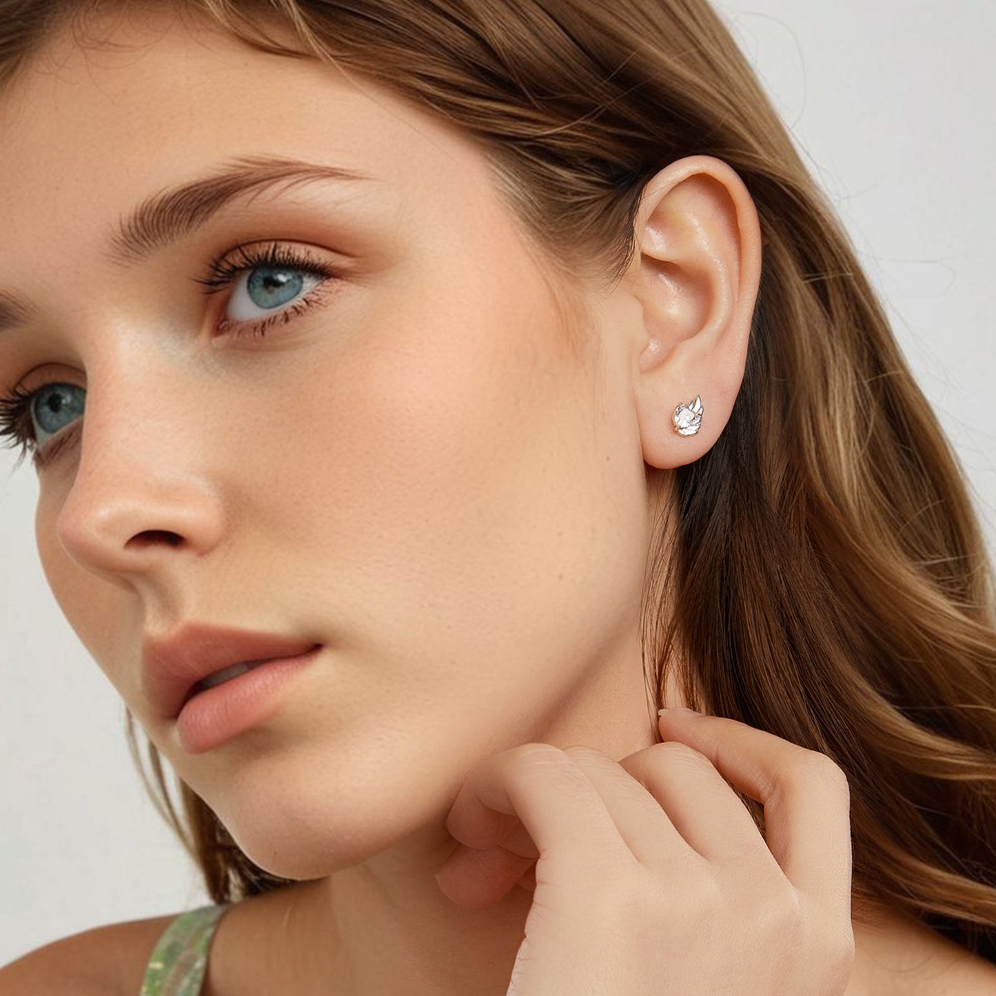 SOLID Sterling Silver Sparkly Angel Wing Heart Stud Earrings