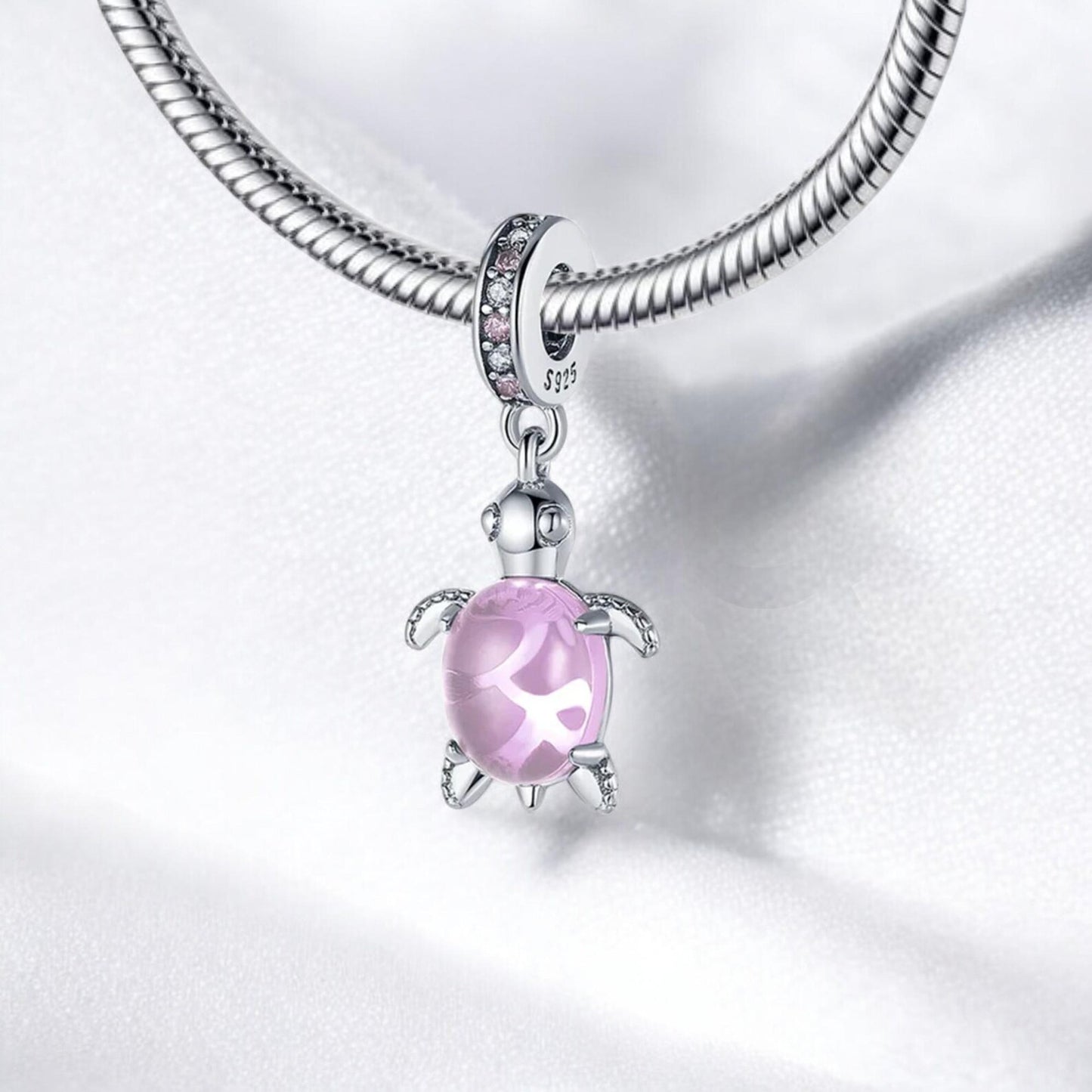 SOLID Sterling Silver Hanging PINK Glass Sea Turtle Charm Pendant - AVILIA Designs