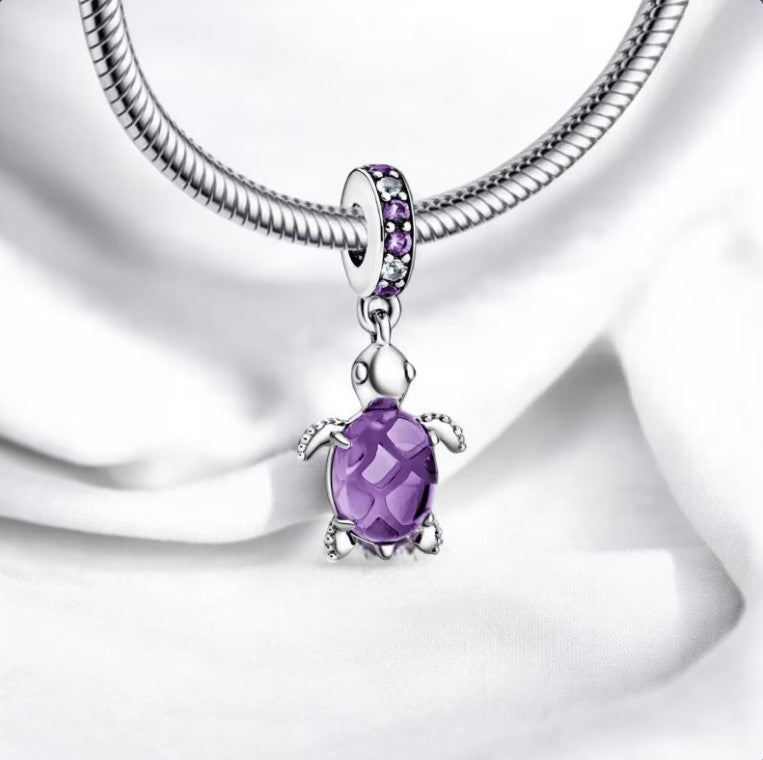 SOLID Sterling Silver Hanging PURPLE Glass Sea Turtle Charm Pendant - AVILIA Designs
