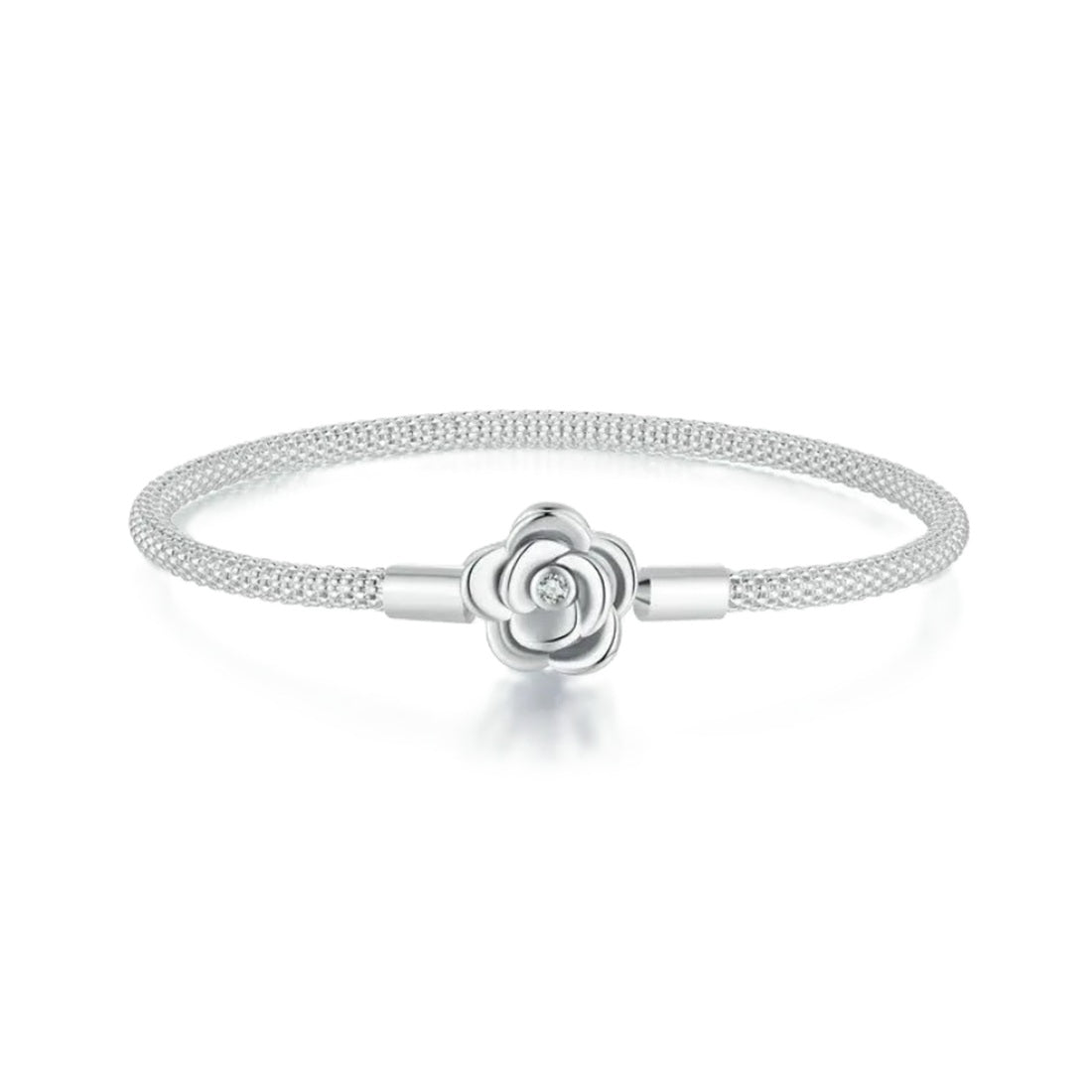 Sterling Silver S925 Blooming Rose Mesh 19cm Charm Bangle - AVILIA Designs