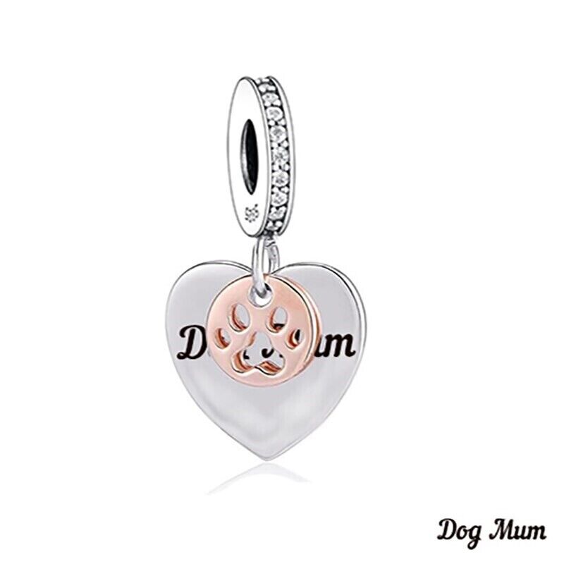 S925 Silver & Rose Gold Dog Mum Hanging Heart Paw Charm Pendant - AVILIA Designs