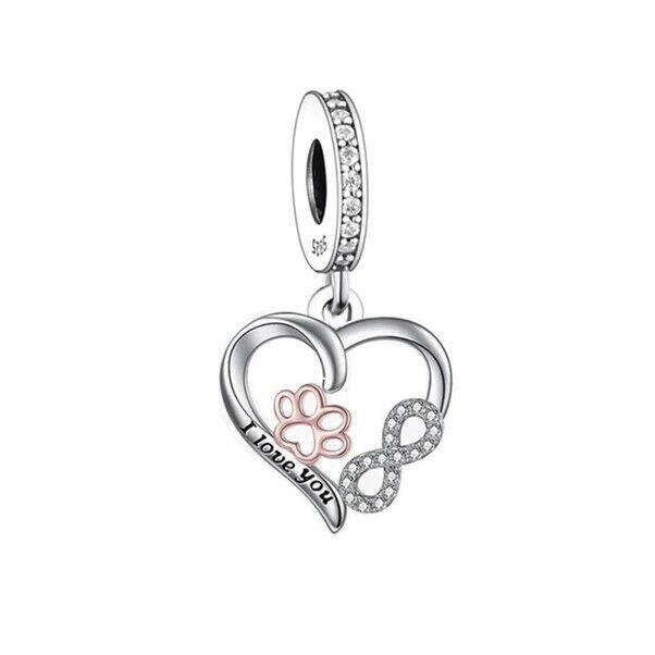 S925 Silver & Rose Gold I Love You Pet Paw Cat Dog Charm Pendant - AVILIA Designs
