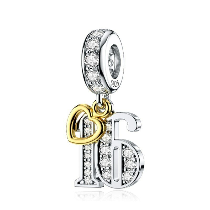S925 Silver & Gold Pl Hanging 16th Milestone Birthday Charm Pendant - AVILIA Designs