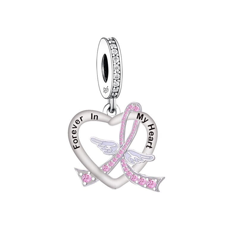 S925 Sterling Silver Cancer Ribbon Forever in My Heart Charm Pendant - AVILIA Designs
