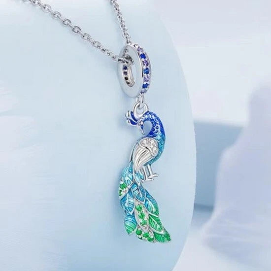 S925 Sterling Silver Colourful Peacock Bird CZ Charm Pendant by YOUnique Designs