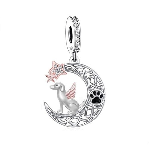 S925 Silver & Rose Gold Guardian Angel Dog on Moon Charm Pendant - AVILIA Designs