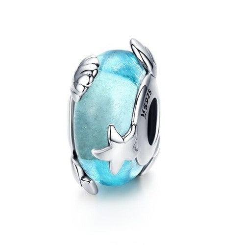 S925 Sterling Silver Aqua Blue Starfish Murano Glass Charm - AVILIA Designs