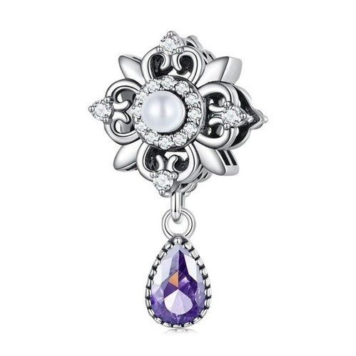 SOLID Sterling Silver Purple Vintage Lace Flower Pearl Charm Pendant - AVILIA Designs
