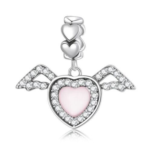 SOLID Sterling Silver Angel Wing Pink Heart Love Charm Pendant - AVILIA Designs