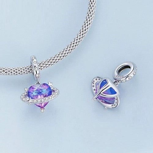 SOLID Sterling Silver Mystic CZ Heart Planet Charm Pendant - AVILIA Designs