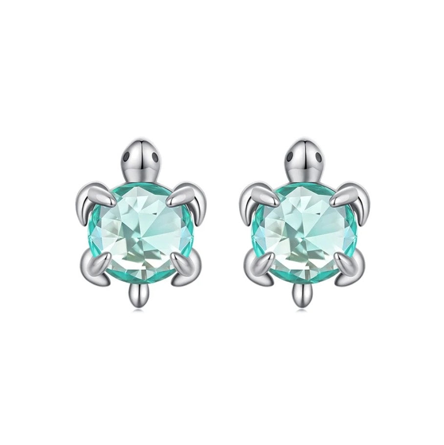 SOLID Sterling Silver Sparkly Sea Turtle Heart Stud Earrings