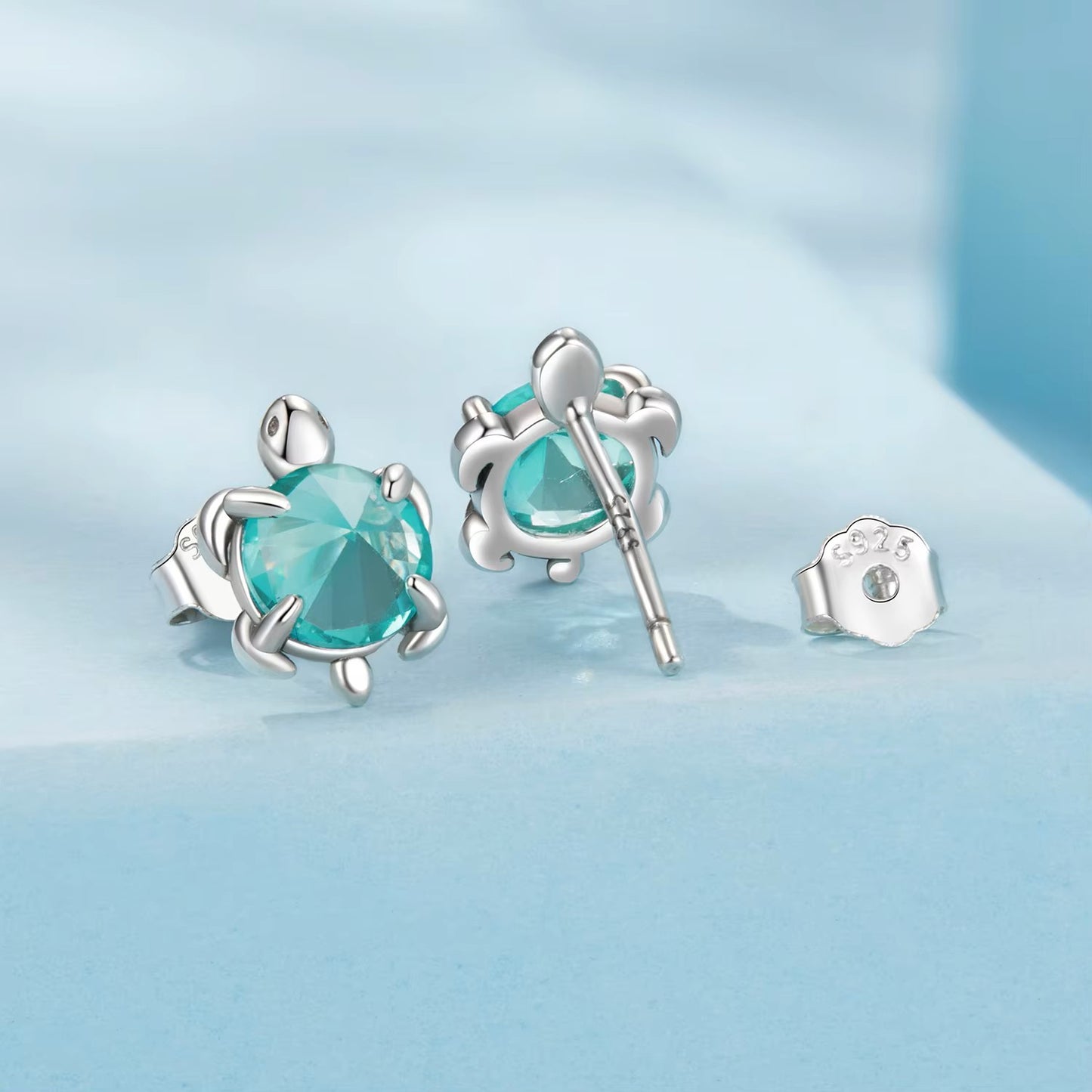SOLID Sterling Silver Sparkly Sea Turtle Heart Stud Earrings