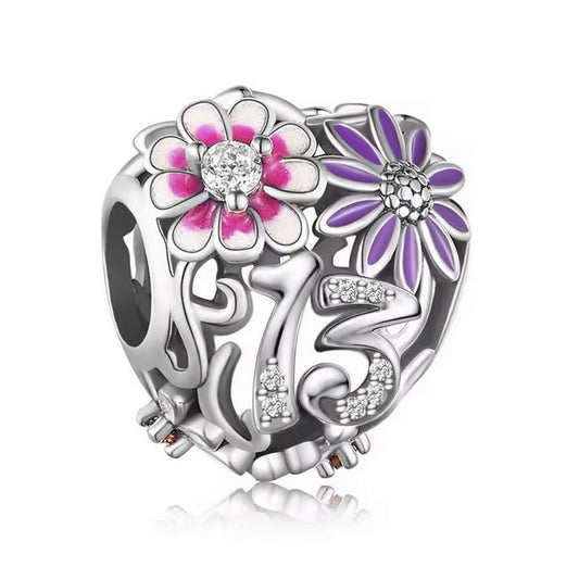 S925 Sterling Silver 13th Birthday Floral Flower Heart Charm - AVILIA Designs