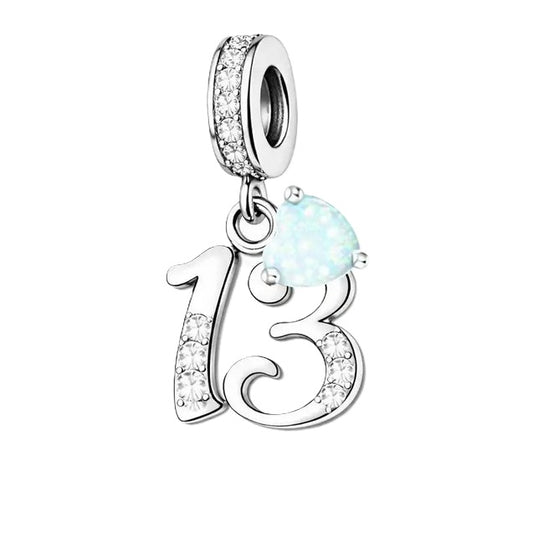 S925 Sterling Silver Sparkling 13th Birthday & Natural Opal Heart Charm Pendant  - AVILIA Designs