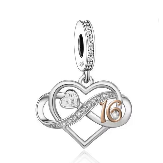 S925 Sterling Silver & Rose Gold Sparkling 16th Birthday & Infinity Heart Charm Pendant  - AVILIA Designs