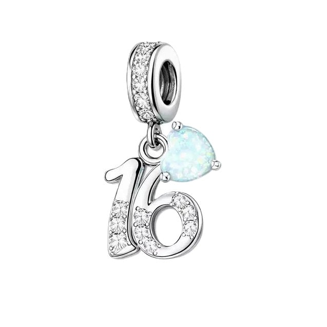 S925 Sterling Silver Sparkling 16th Birthday & Natural Opal Heart Charm Pendant  - AVILIA Designs