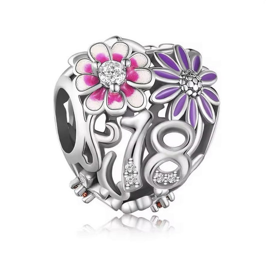 S925 Sterling Silver 18th Birthday Floral Flower Heart Charm - AVILIA Designs