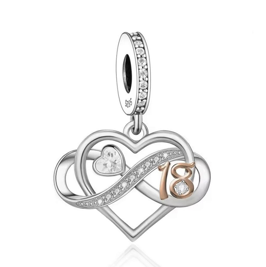 S925 Sterling Silver & Rose Gold Sparkling 18th Birthday & Infinity Heart Charm Pendant  - AVILIA Designs