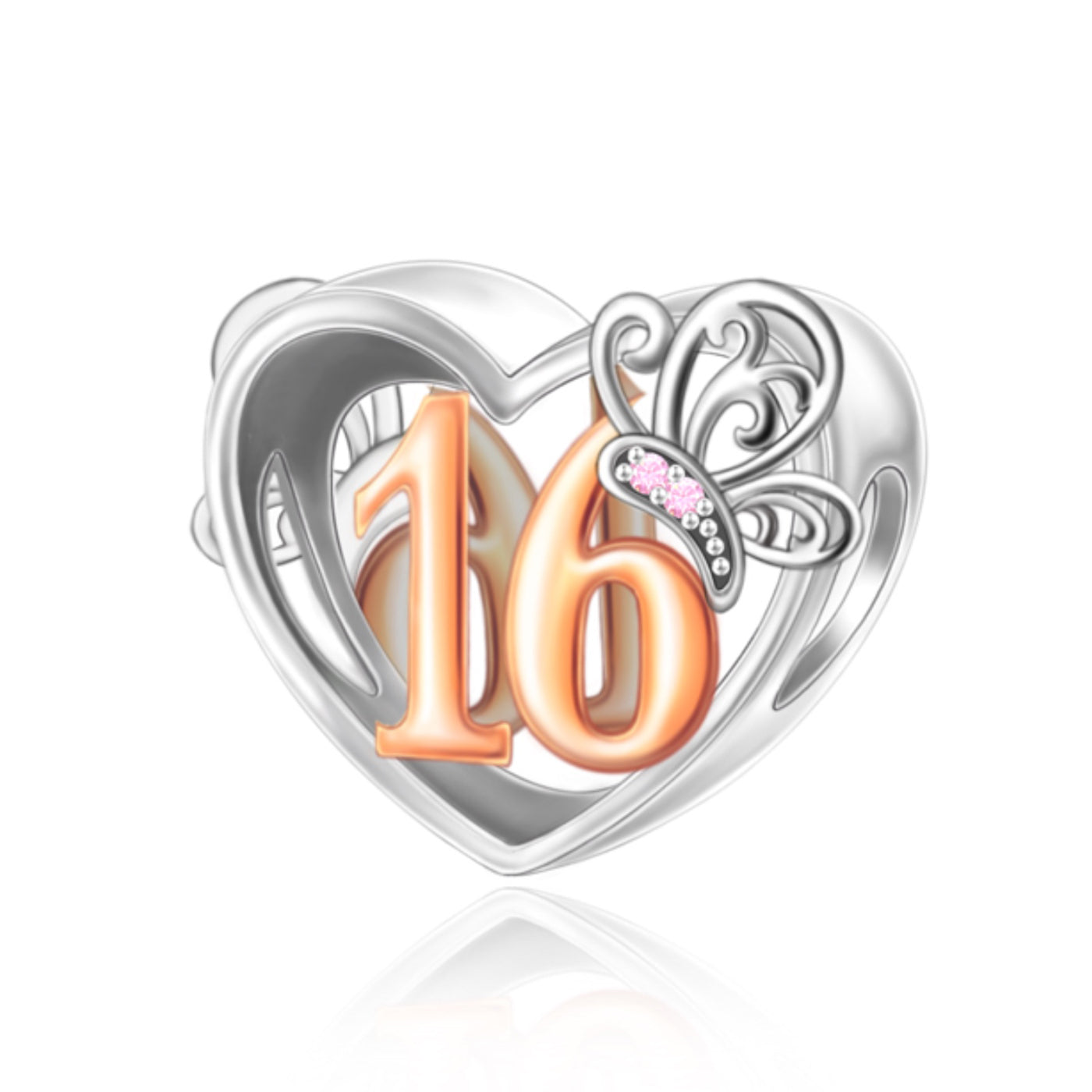 S925 Silver & Rose Gold 16th Birthday Heart Butterfly Charm - AVILIA Designs