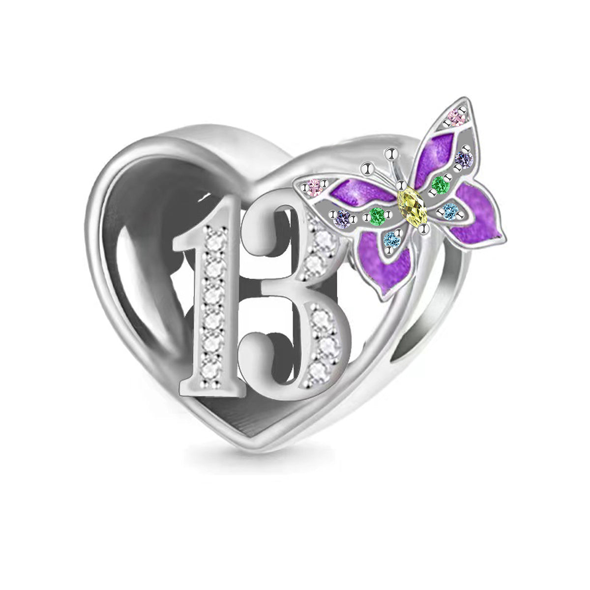 S925 Sterling Silver 13th Birthday Purple Butterfly Heart Charm - AVILIA Designs