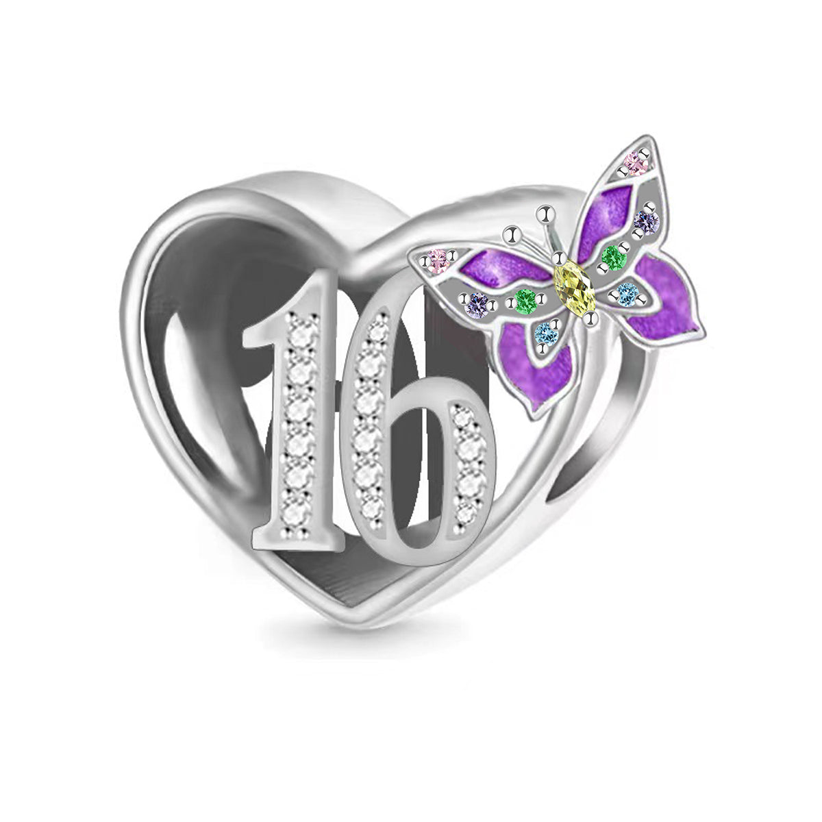 S925 Sterling Silver 16th Birthday Purple Butterfly Heart Charm - AVILIA Designs