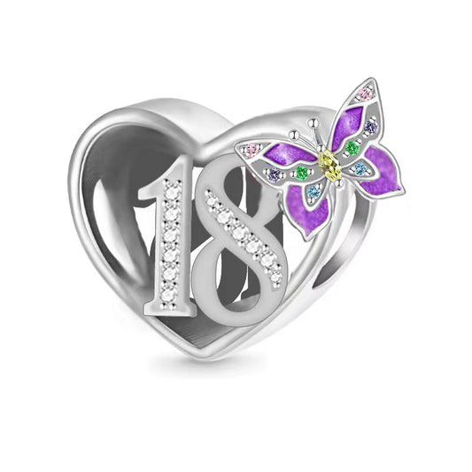 S925 Sterling Silver 18th Birthday Purple Butterfly Heart Charm - AVILIA Designs