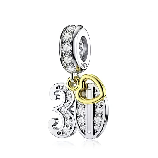 S925 Silver & Gold Pl Hanging 30th Milestone Birthday Charm Pendant - AVILIA Designs