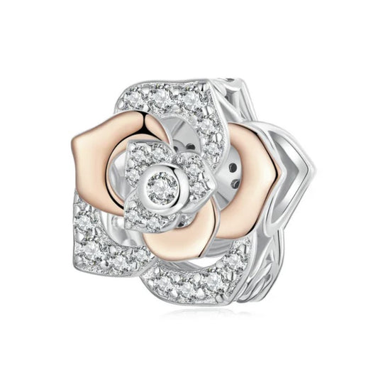 S925 Silver & Rose Gold Blooming Sparkling Rose Heart Charm - AVILIA Designs