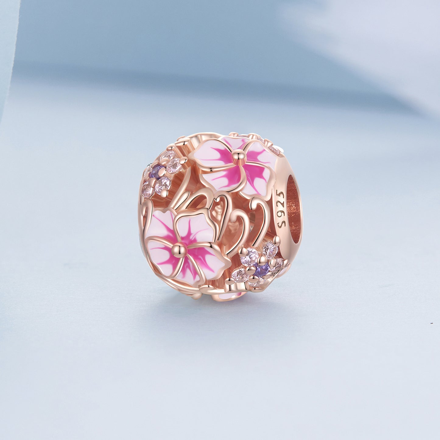 S925 Silver & Rose Gold Pink Hibiscus Forget Me Not CZ Charm - AVILIA DESIGNS