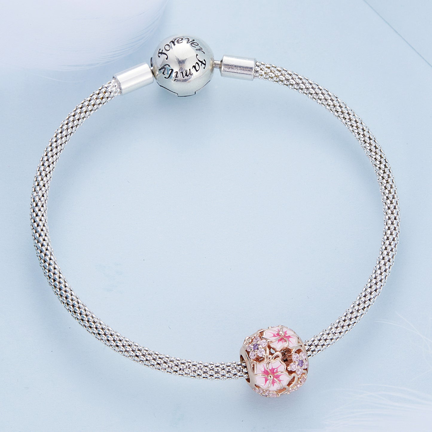 S925 Silver & Rose Gold Pink Hibiscus Forget Me Not CZ Charm - AVILIA DESIGNS