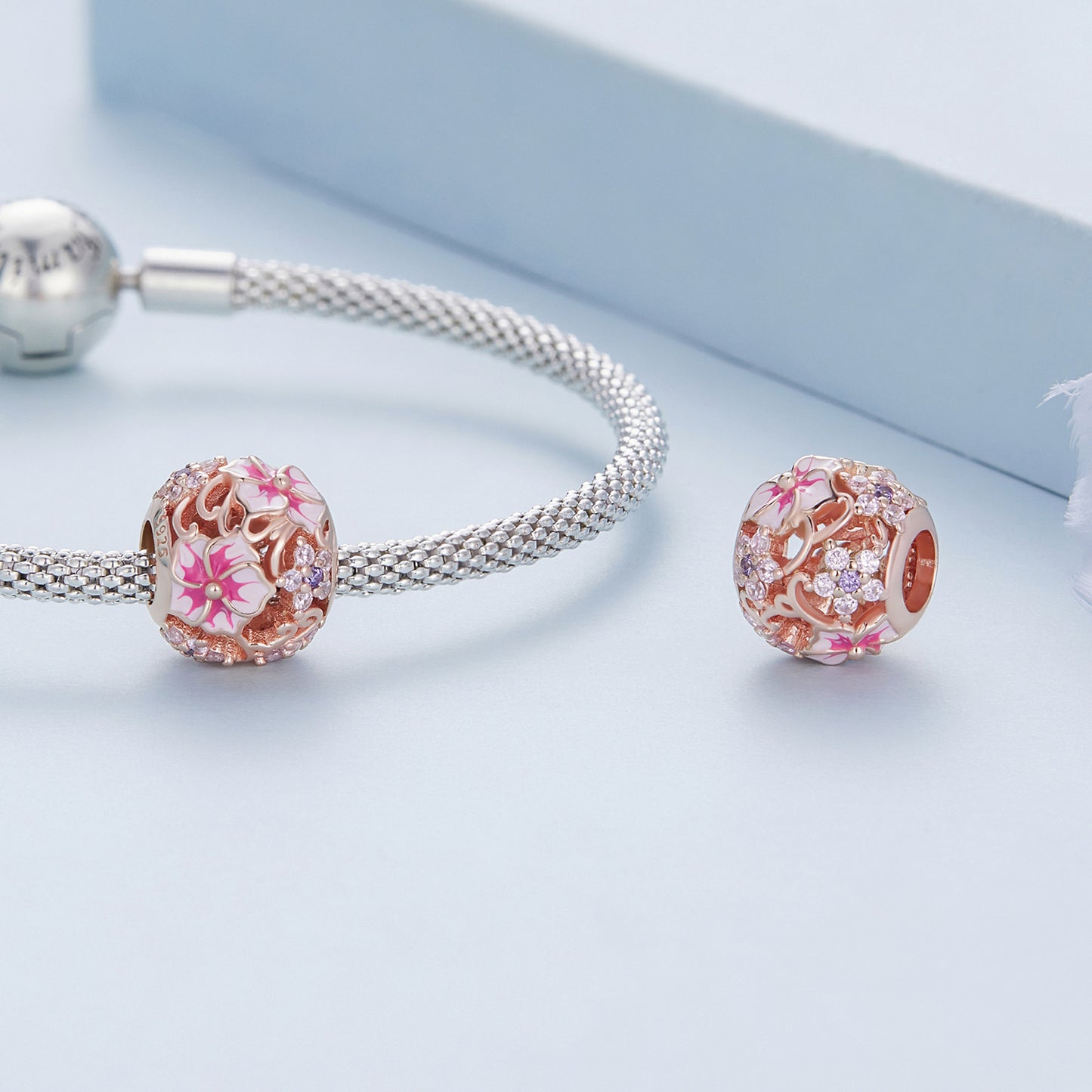 S925 Silver & Rose Gold Pink Hibiscus Forget Me Not CZ Charm - AVILIA DESIGNS