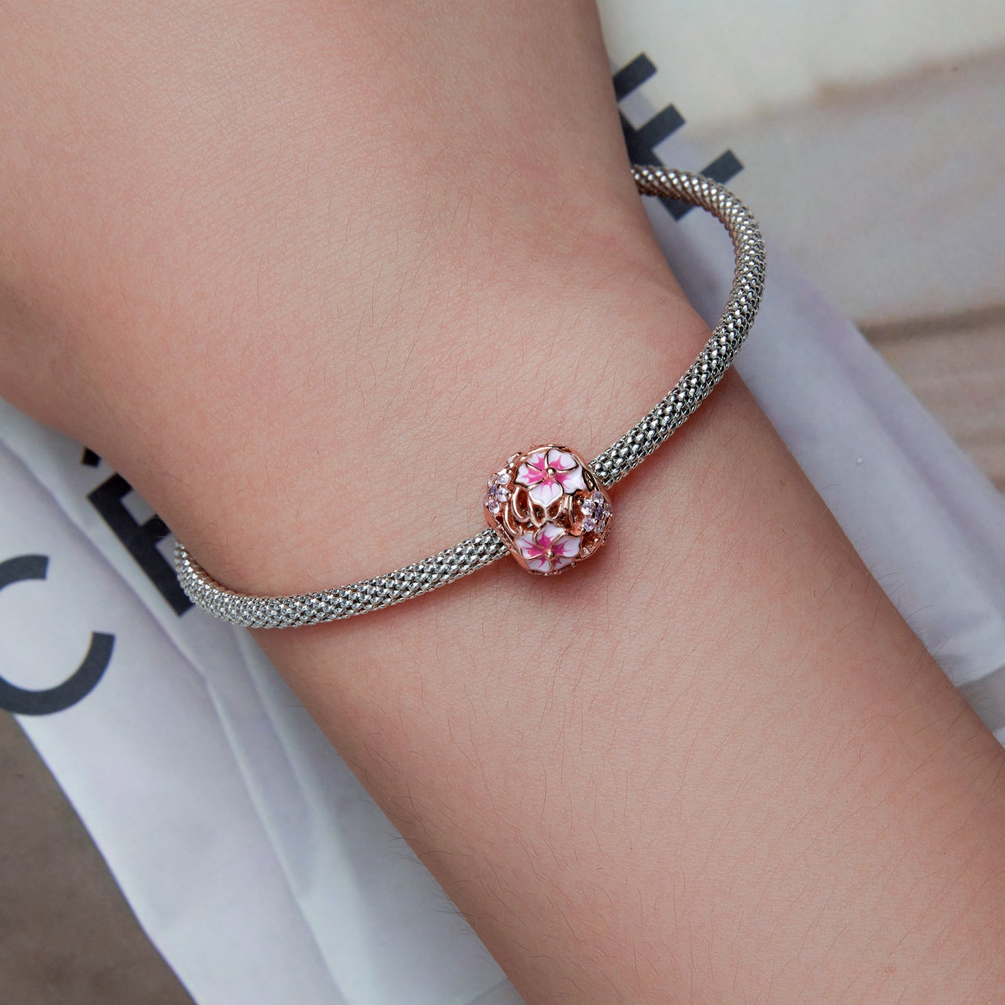 S925 Silver & Rose Gold Pink Hibiscus Forget Me Not CZ Charm - AVILIA DESIGNS