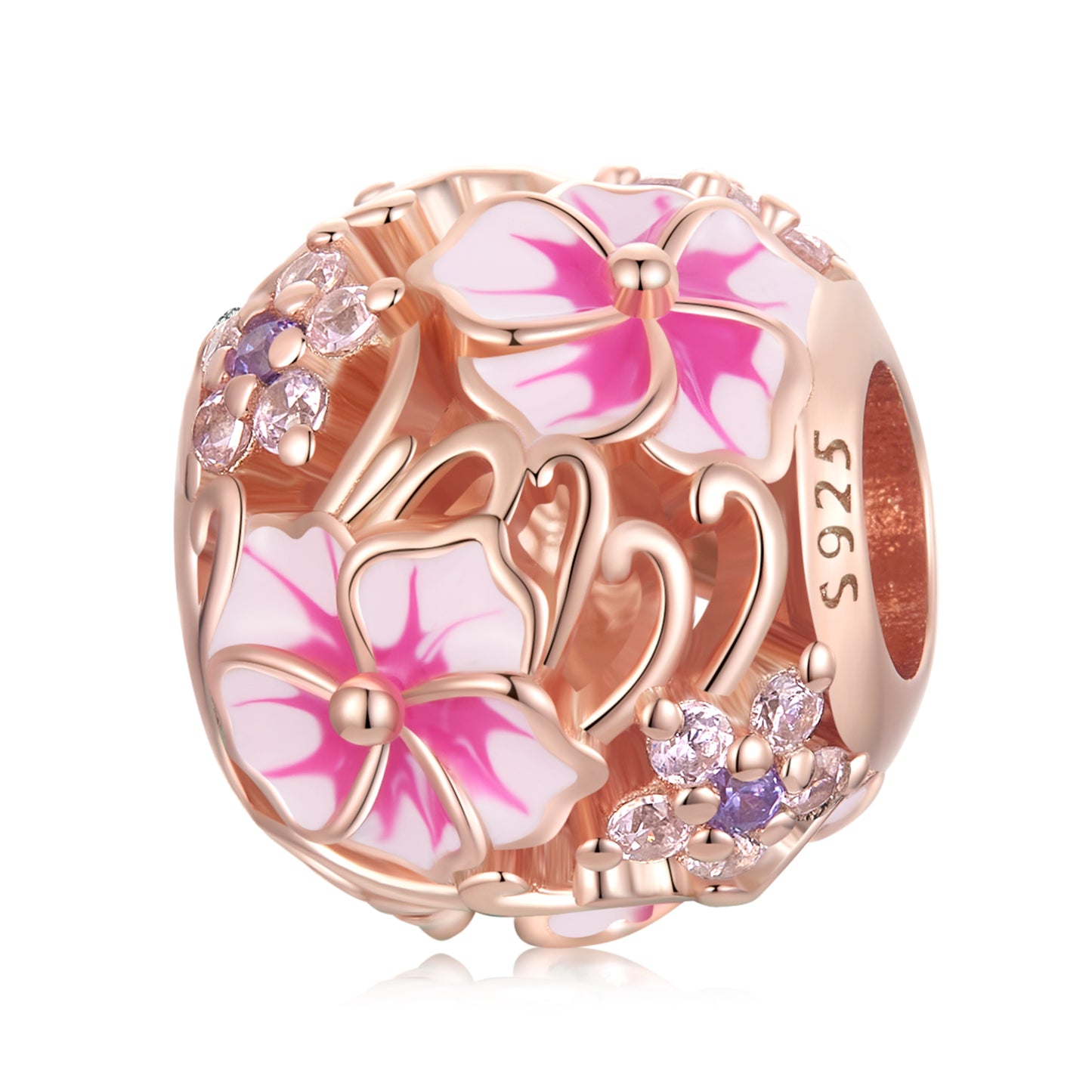 S925 Silver & Rose Gold Pink Hibiscus Forget Me Not CZ Charm - AVILIA DESIGNS