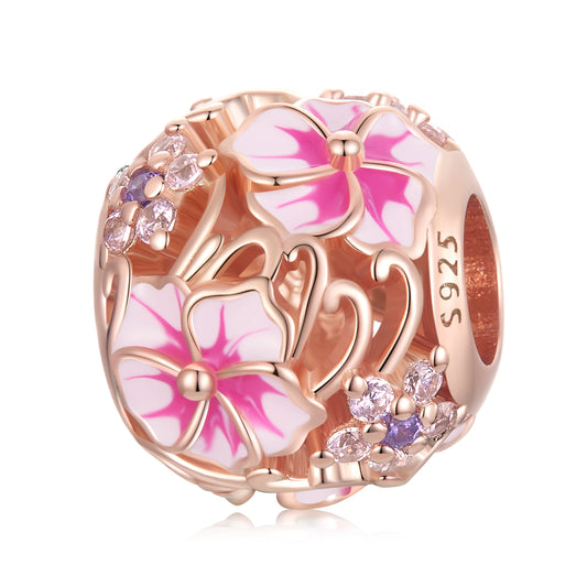S925 Silver & Rose Gold Pink Hibiscus Forget Me Not CZ Charm - AVILIA DESIGNS