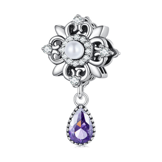 SOLID Sterling Silver Purple Vintage Lace Flower Pearl Charm Pendant - AVILIA Designs