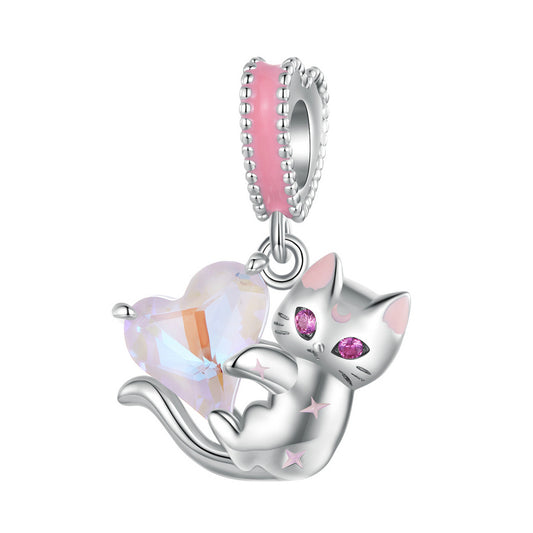 S925 Sterling Silver Mystic Heart Cat Kitten Hanging Charm Pendant - AVILIA Designs