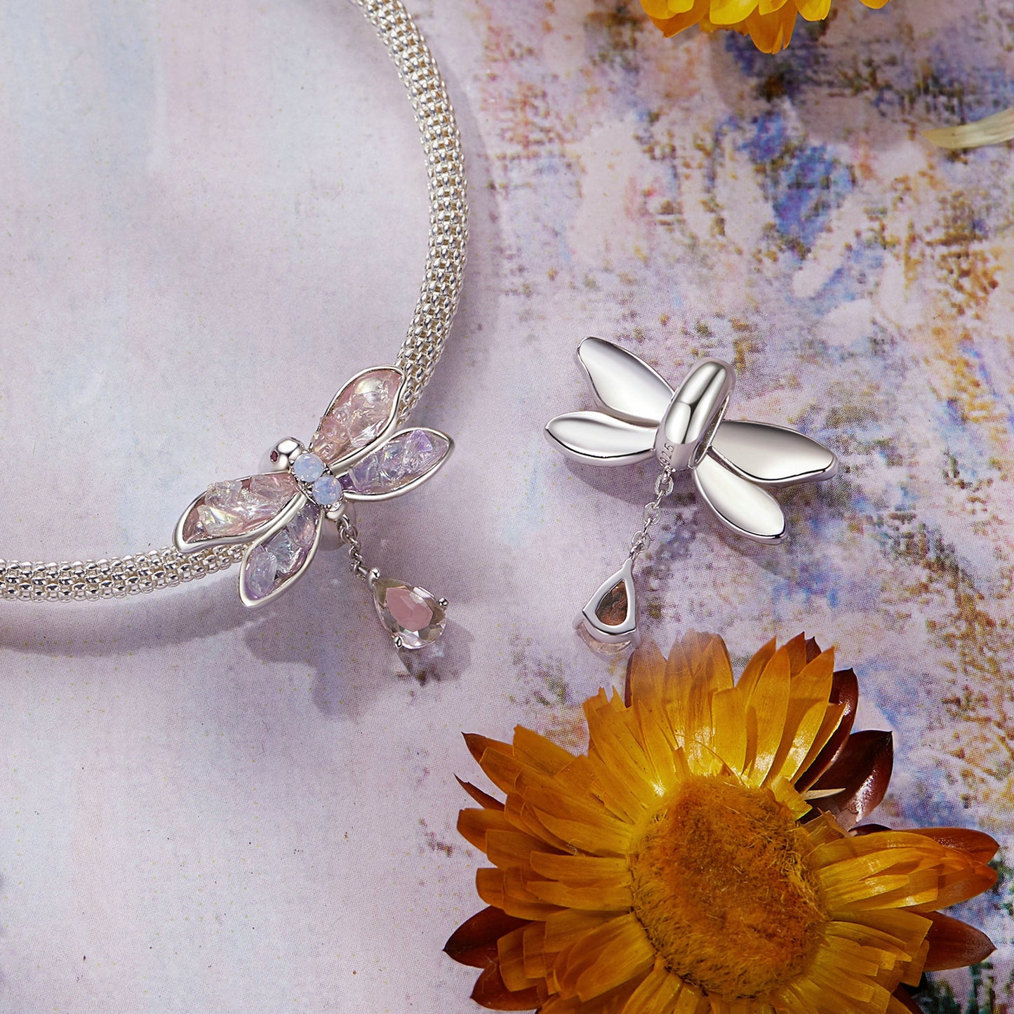 SOLID Sterling Silver Crystal Wing Pink Dragonfly Charm Pendant - AVILIA Designs