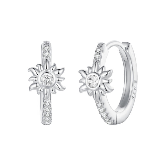 SOLID Sterling Silver Celestial Sun 12mm CZ Hoop Earrings - AVILIA Designs
