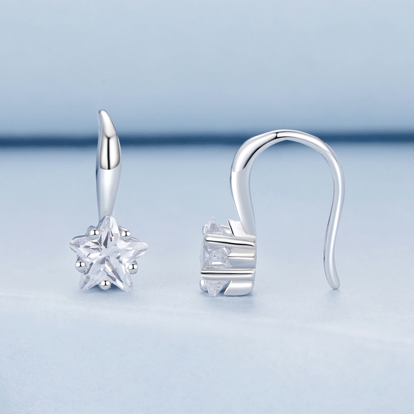 Solid S925 Sterling Silver Dainty Star Hanging Drops 5mm CZ Hook Earrings - AVILIA Designs