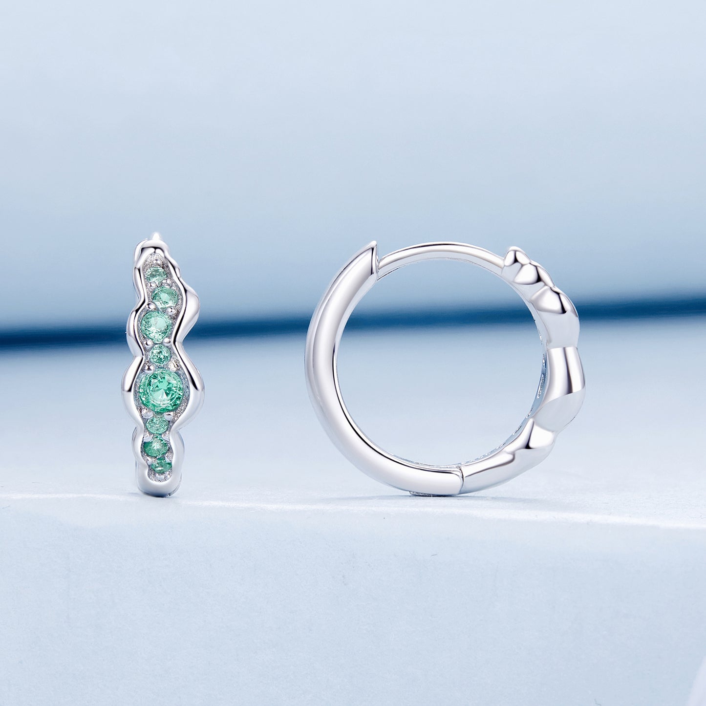 SOLID Sterling Silver Aqua Wave 14 mm CZ Hoop Earrings - AVILIA Designs