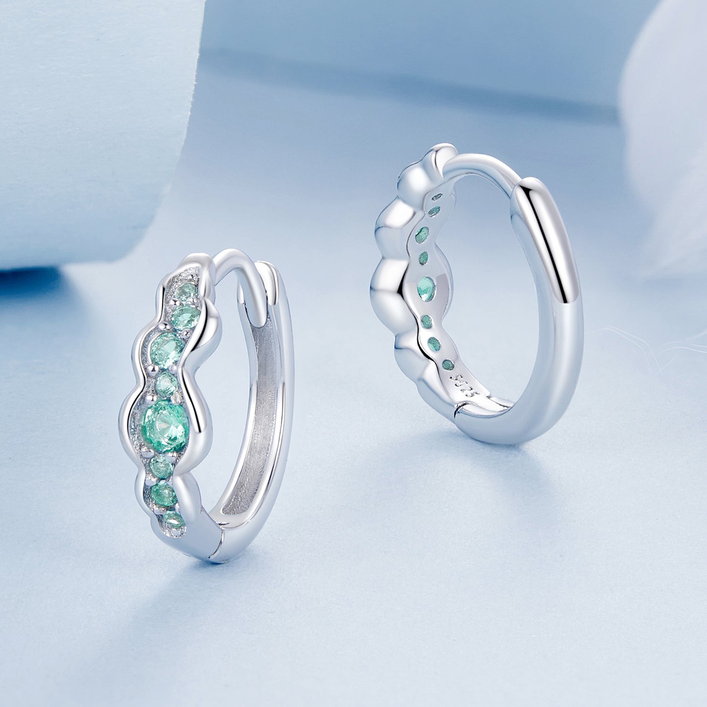 SOLID Sterling Silver Aqua Wave 14 mm CZ Hoop Earrings - AVILIA Designs