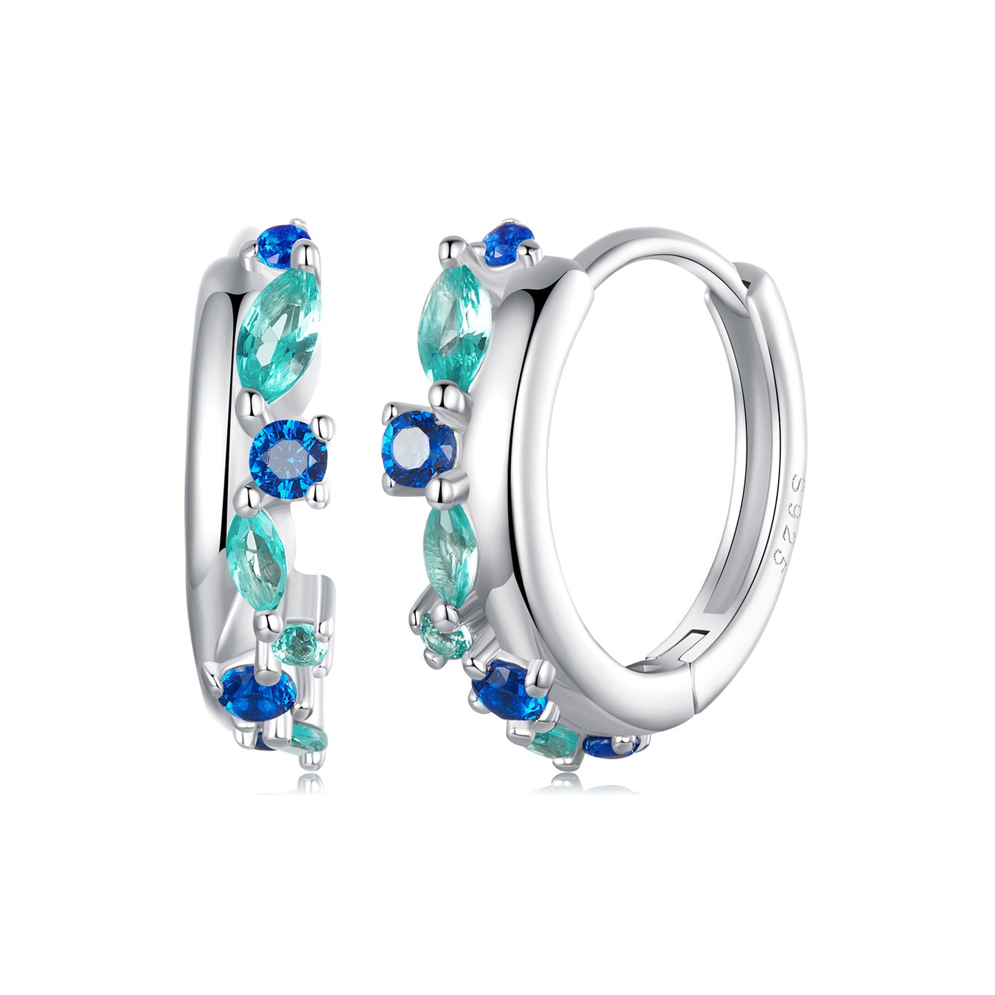 Solid S925 Sterling Silver 15mm Blue & Aqua CZ Hoop Earrings - AVILIA Designs
